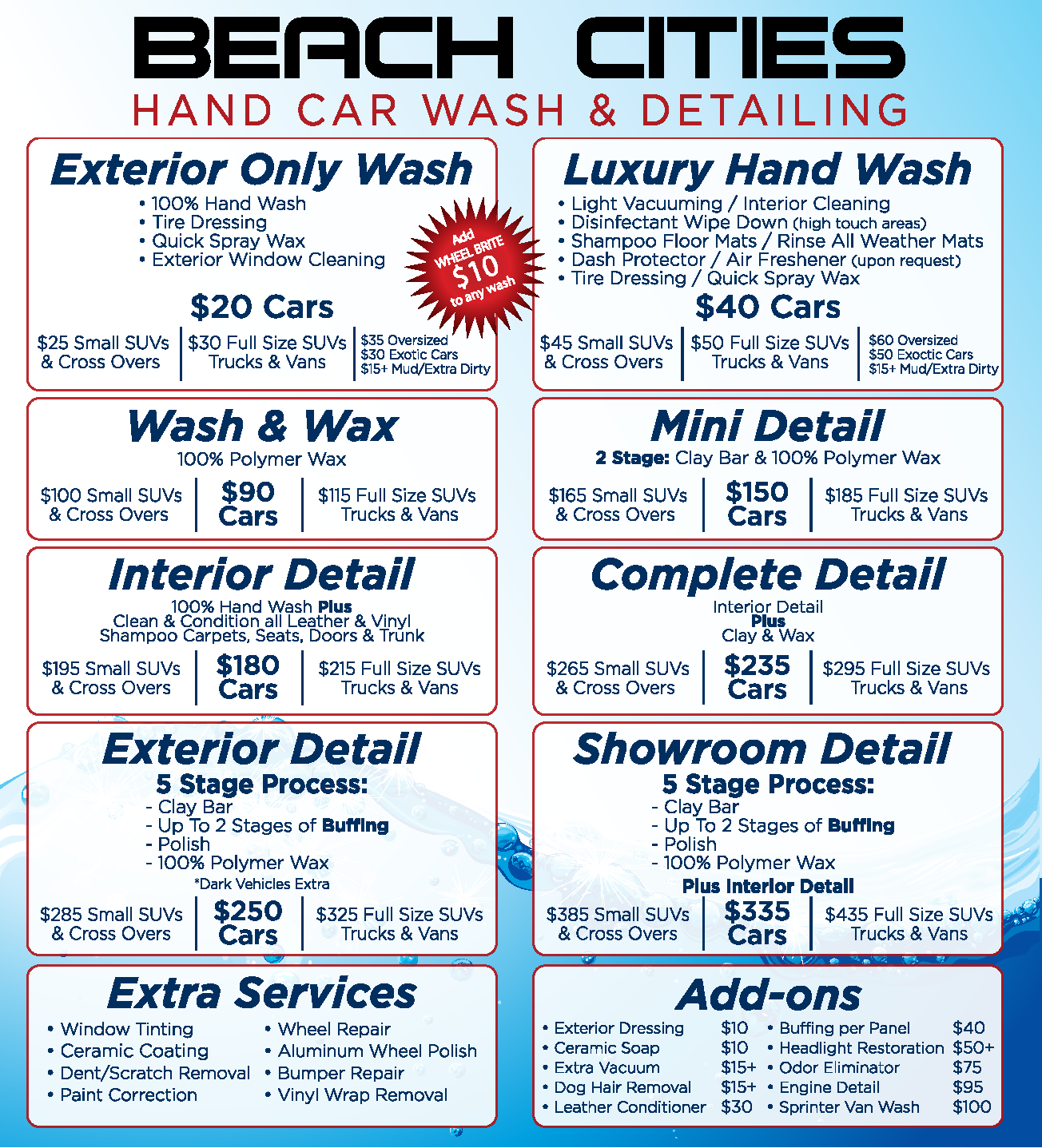 Traditional Wash Menu Beach Cities Car Wash